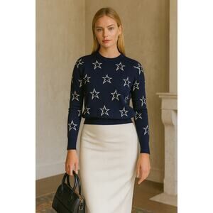Perfect Moment Navy Blue Merino Wool Sweater Graphic Gold Stars Small Statement